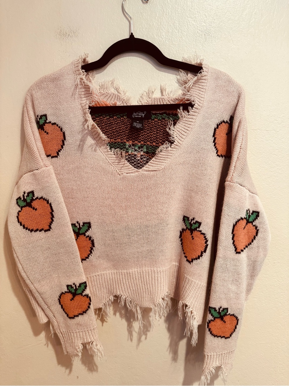Peach Print Distressed V‑Neck Sweater W/Pixelated Orange Peach Graphics